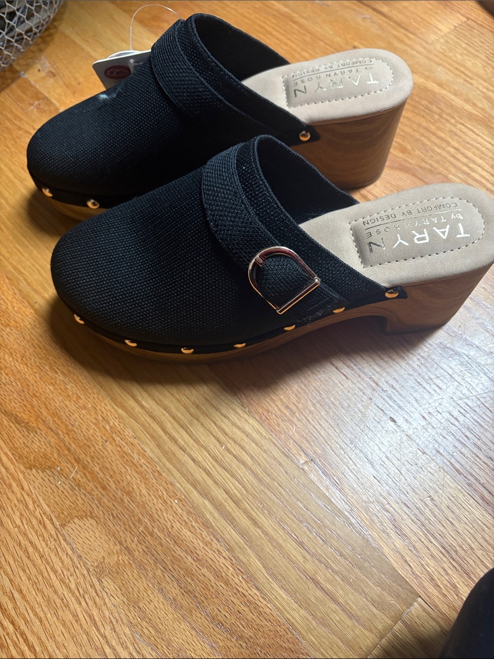 NWT Taryn Rose Black Knit Clog Mule with Gold Studs